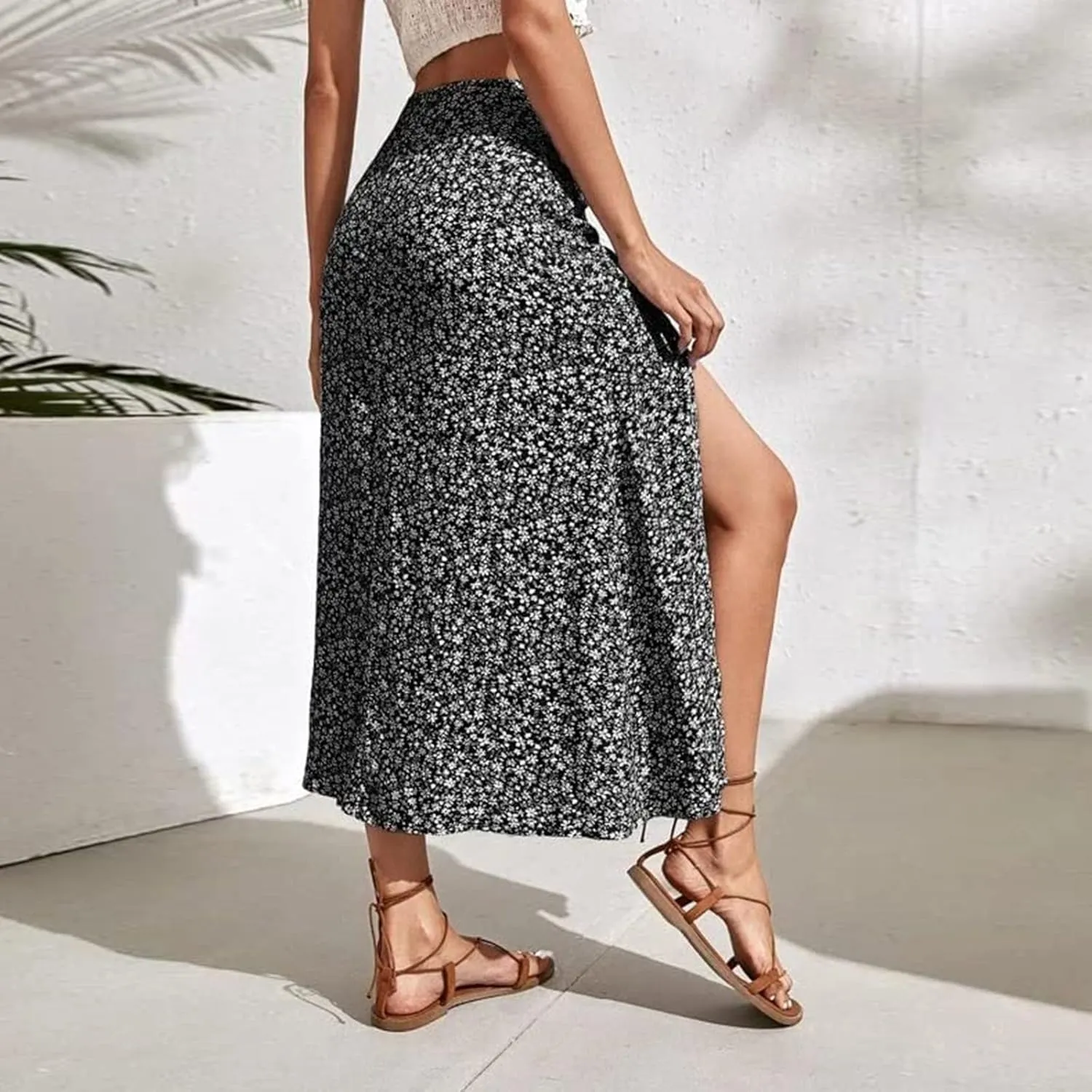 Women's Boho Floral Dresses 2025 Spring Summer Flowy Casual Dress Trendy High Waist A Line Split Midi Skirt