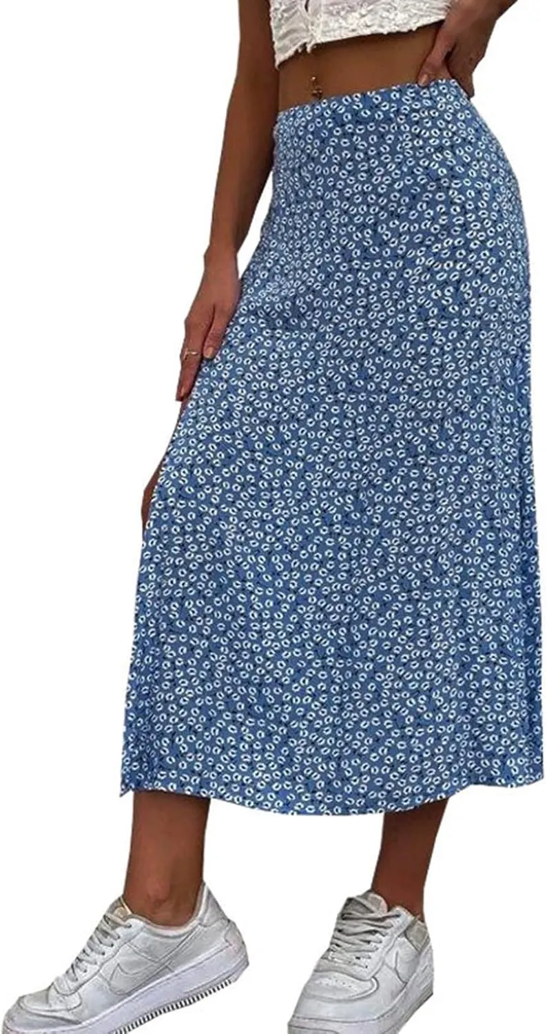 Women's Boho Floral Dresses 2025 Spring Summer Flowy Casual Dress Trendy High Waist A Line Split Midi Skirt