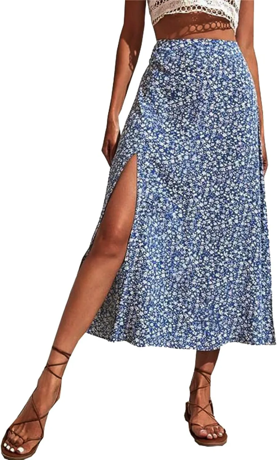 Women's Boho Floral Dresses 2025 Spring Summer Flowy Casual Dress Trendy High Waist A Line Split Midi Skirt