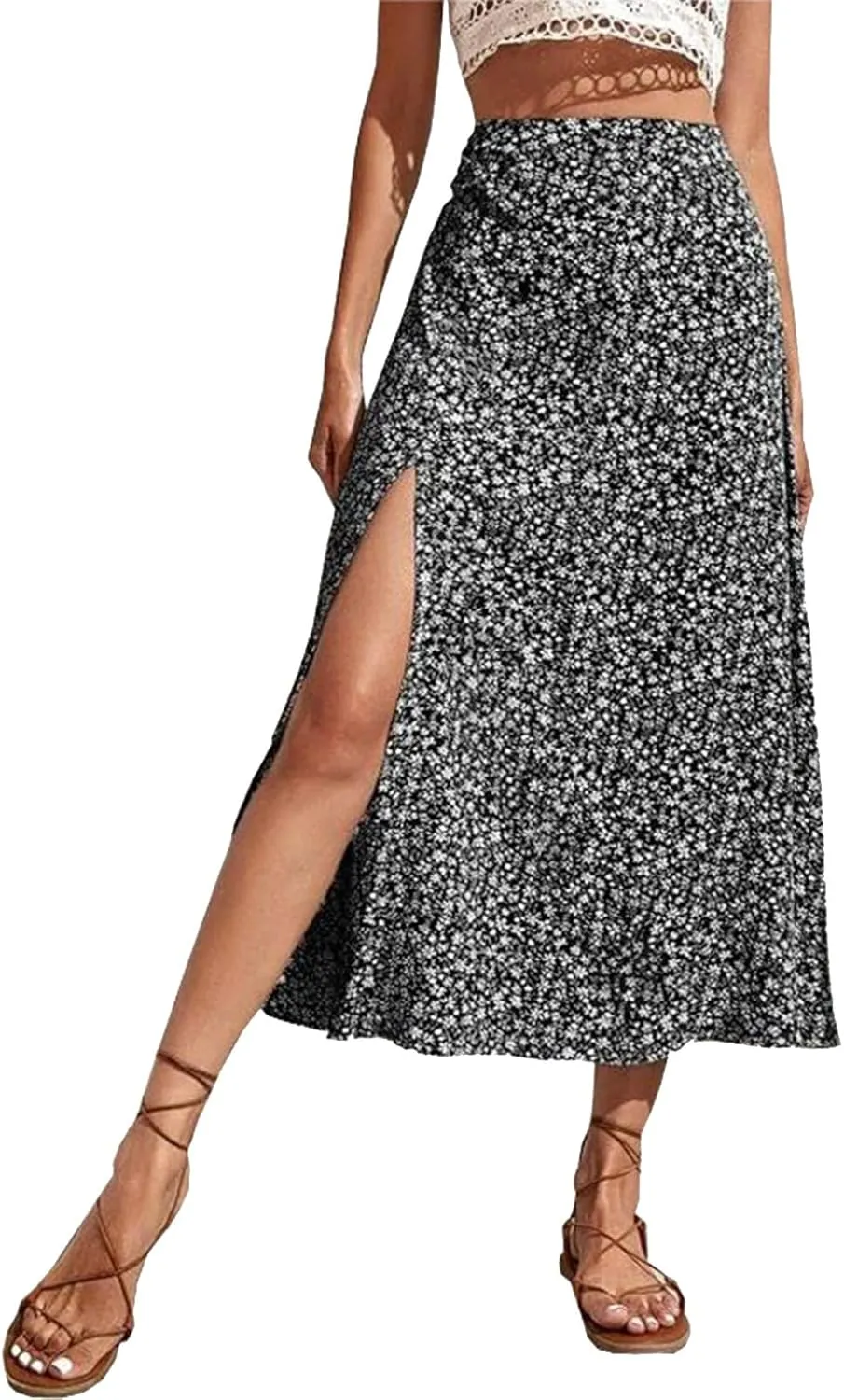 Women's Boho Floral Dresses 2025 Spring Summer Flowy Casual Dress Trendy High Waist A Line Split Midi Skirt