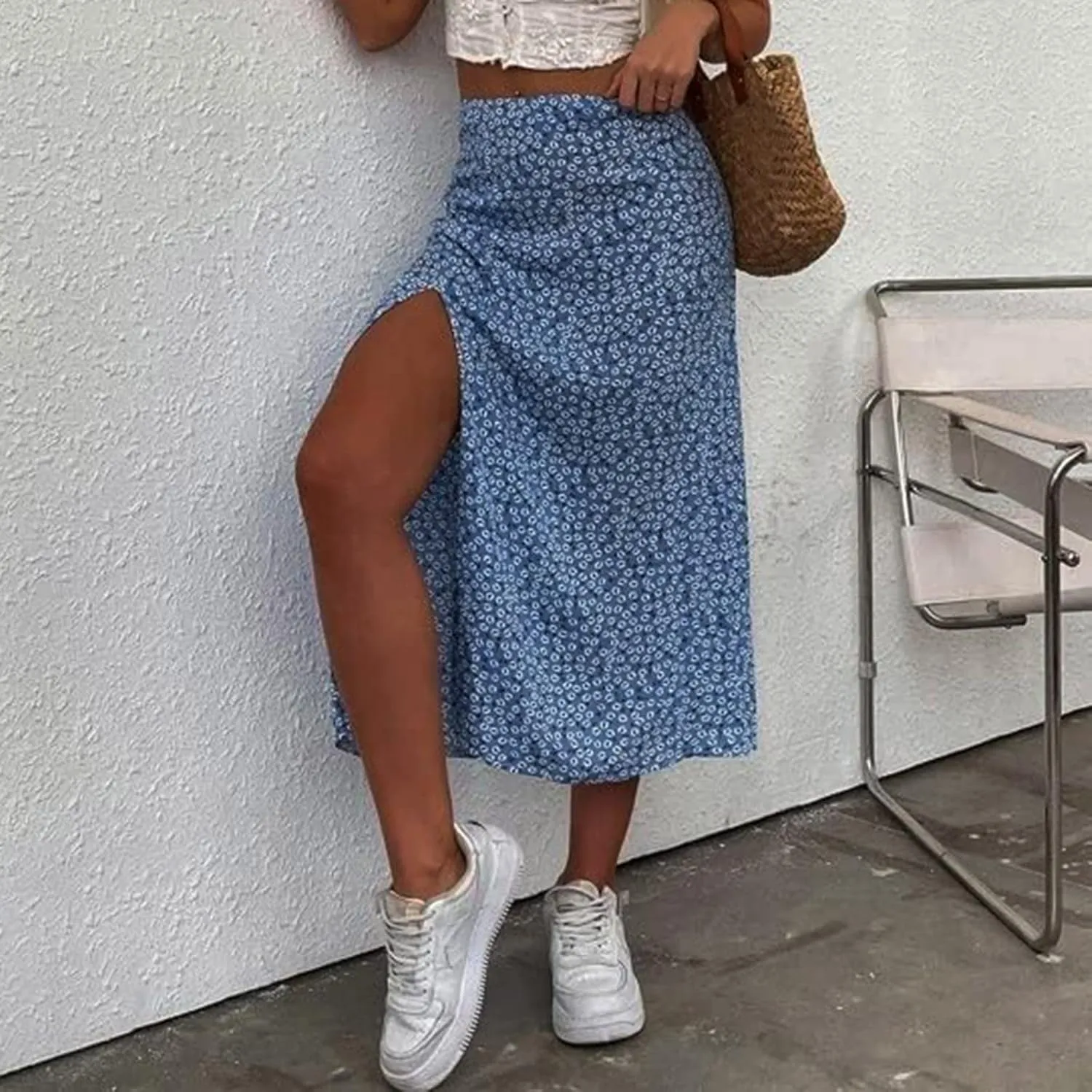 Women's Boho Floral Dresses 2025 Spring Summer Flowy Casual Dress Trendy High Waist A Line Split Midi Skirt