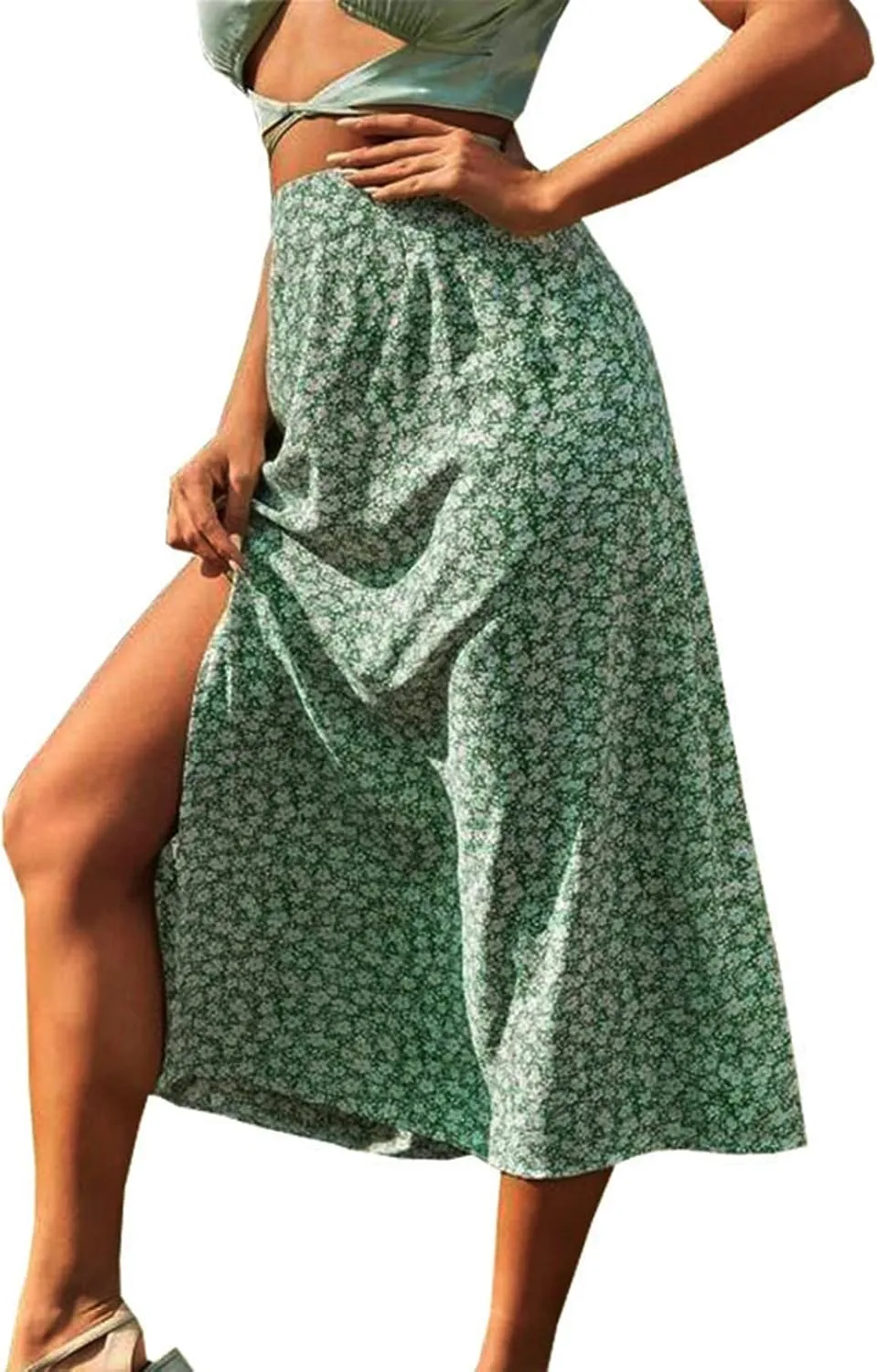 Women's Boho Floral Dresses 2025 Spring Summer Flowy Casual Dress Trendy High Waist A Line Split Midi Skirt