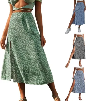 Women's Boho Floral Dresses 2025 Spring Summer Flowy Casual Dress Trendy High Waist A Line Split Midi Skirt
