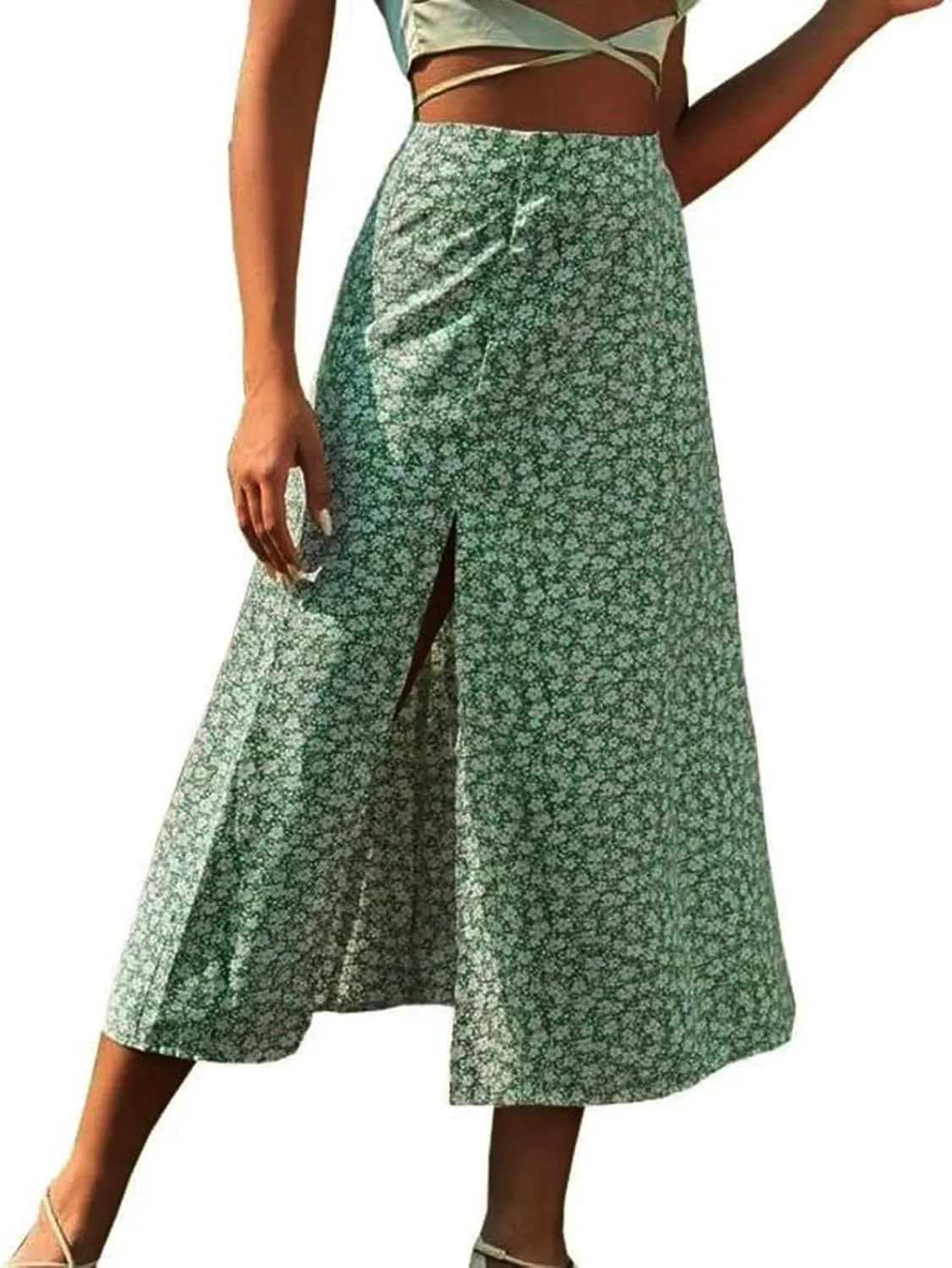 Women's Boho Floral Dresses 2025 Spring Summer Flowy Casual Dress Trendy High Waist A Line Split Midi Skirt