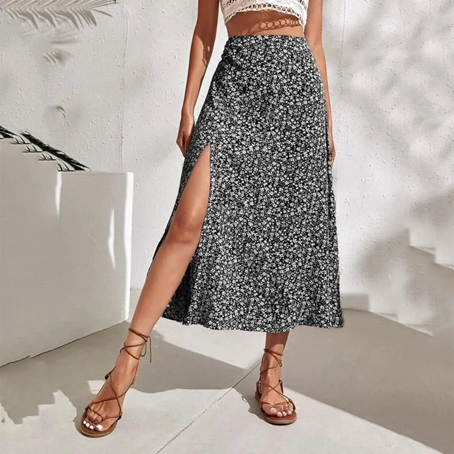 Women's Boho Floral Dresses 2025 Spring Summer Flowy Casual Dress Trendy High Waist A Line Split Midi Skirt