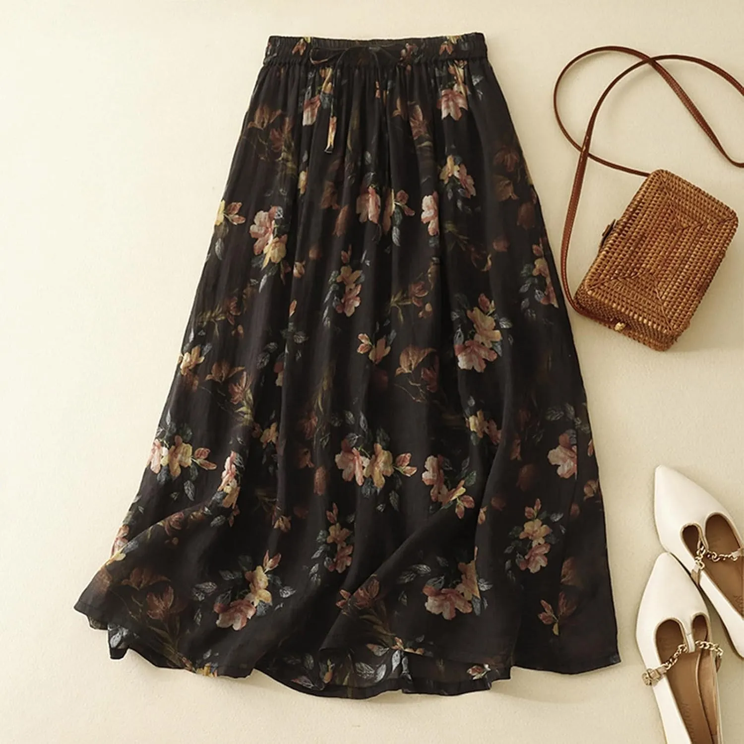 Women's Boho Floral Dresses 2025 Spring Summer Lightweight Flowy Casual Dress Trendy High Waist A Line Midi Skirt