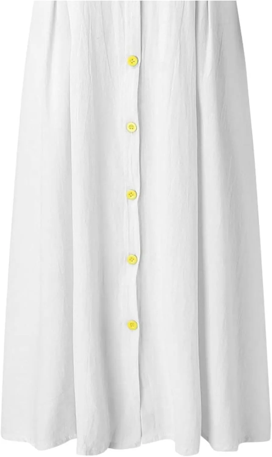 Women's Button Down Cotton Linen Shirt Dress with Pockets Sleeveless V Neck Maxi Dresses Elegant A Line Flowy Dress