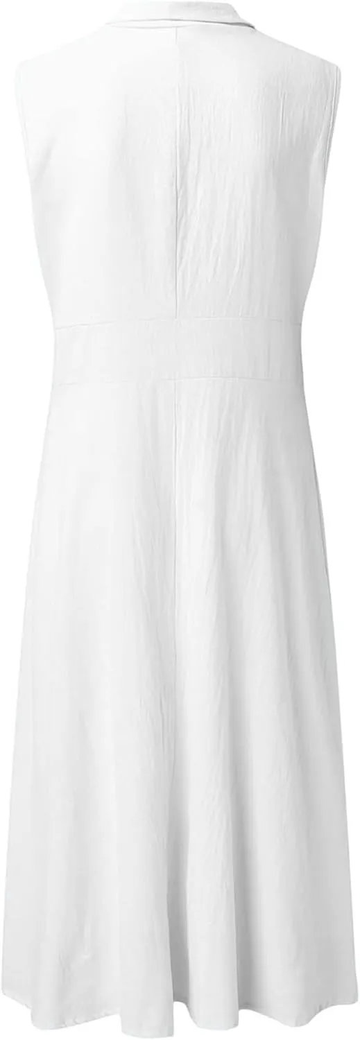 Women's Button Down Cotton Linen Shirt Dress with Pockets Sleeveless V Neck Maxi Dresses Elegant A Line Flowy Dress