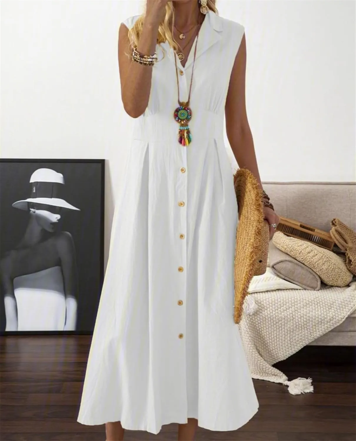 Women's Button Down Cotton Linen Shirt Dress with Pockets Sleeveless V Neck Maxi Dresses Elegant A Line Flowy Dress