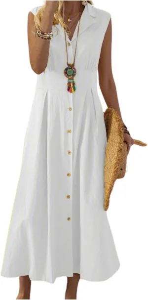Women's Button Down Cotton Linen Shirt Dress with Pockets Sleeveless V Neck Maxi Dresses Elegant A Line Flowy Dress