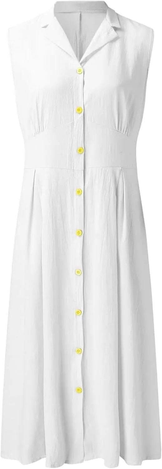 Women's Button Down Cotton Linen Shirt Dress with Pockets Sleeveless V Neck Maxi Dresses Elegant A Line Flowy Dress