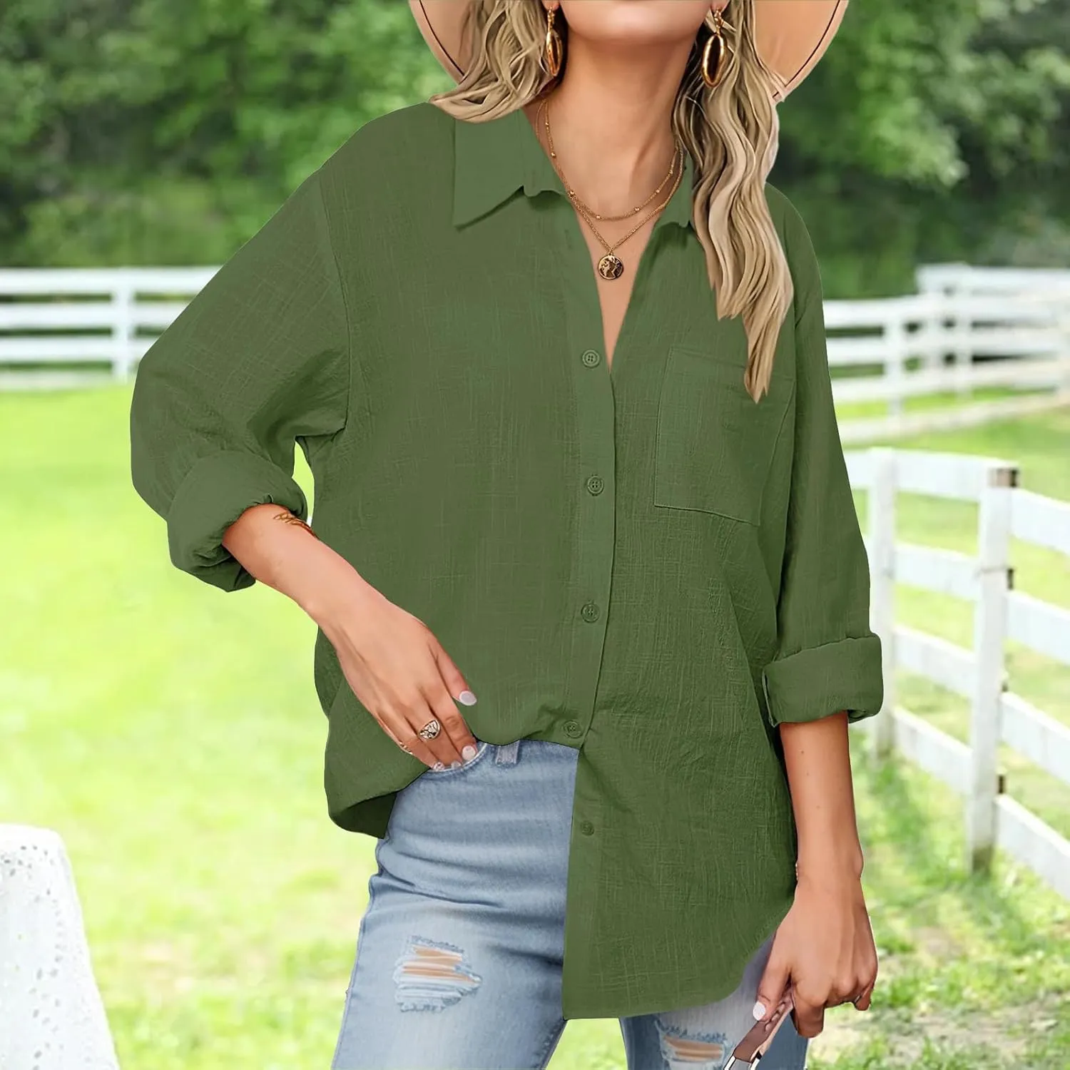 Womens Button Down Shirts Business Casual Collared Blouses Summer Long Sleeve Shirts Solid Loose Lightweight Gauze Tops