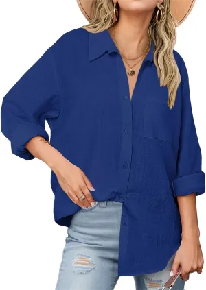Womens Button Down Shirts Business Casual Collared Blouses Summer Long Sleeve Shirts Solid Loose Lightweight Gauze Tops