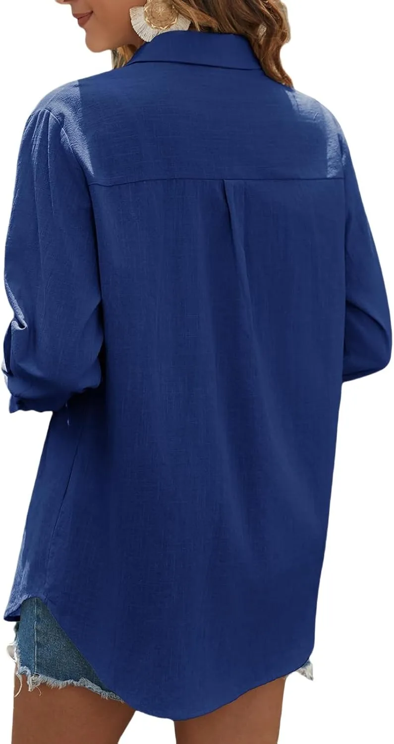 Womens Button Down Shirts Business Casual Collared Blouses Summer Long Sleeve Shirts Solid Loose Lightweight Gauze Tops