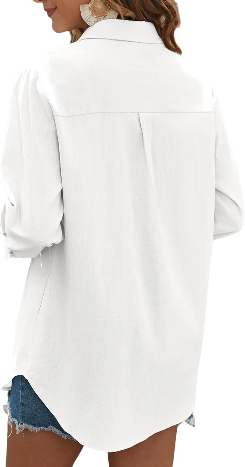 Womens Button Down Shirts Business Casual Collared Blouses Summer Long Sleeve Shirts Solid Loose Lightweight Gauze Tops