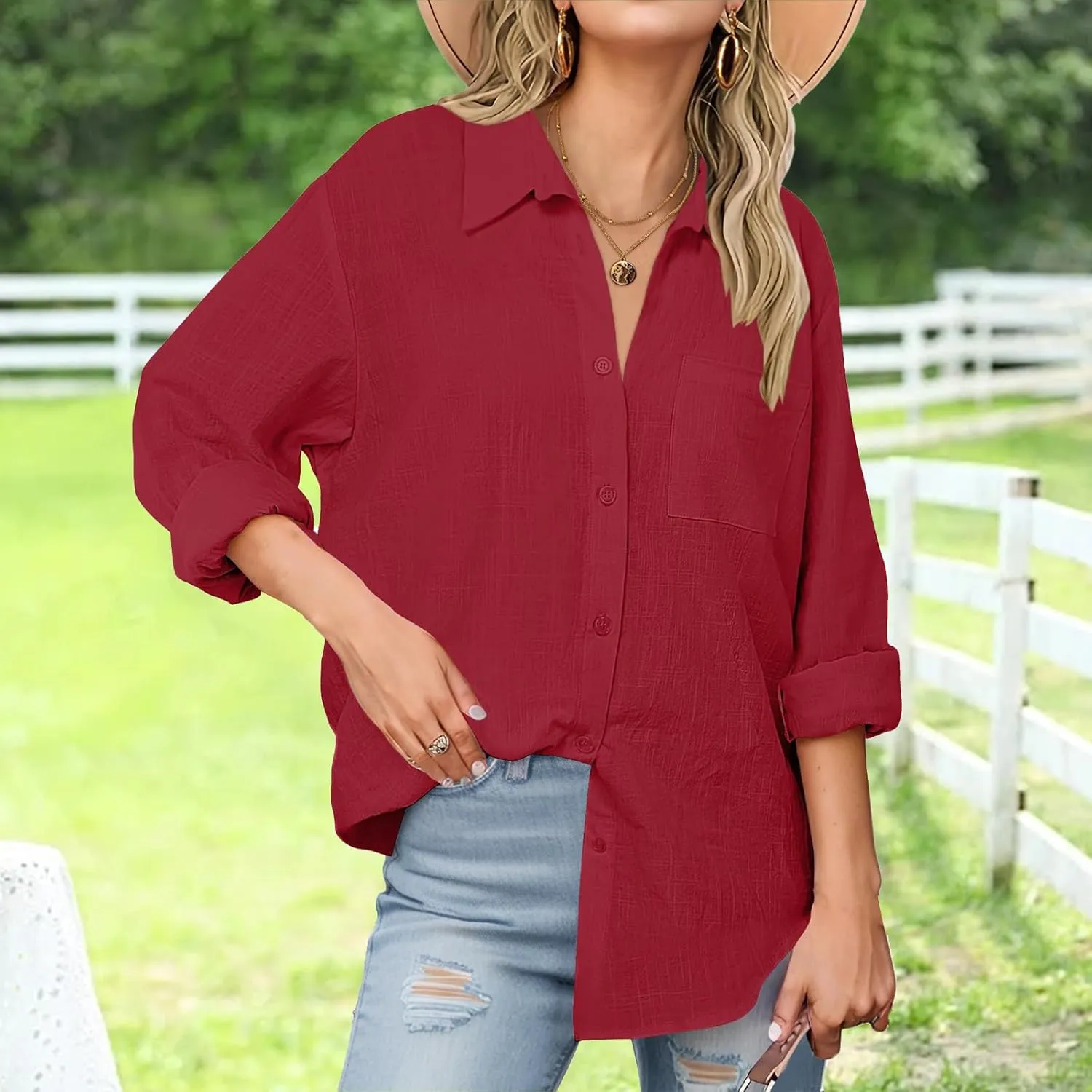 Womens Button Down Shirts Business Casual Collared Blouses Summer Long Sleeve Shirts Solid Loose Lightweight Gauze Tops