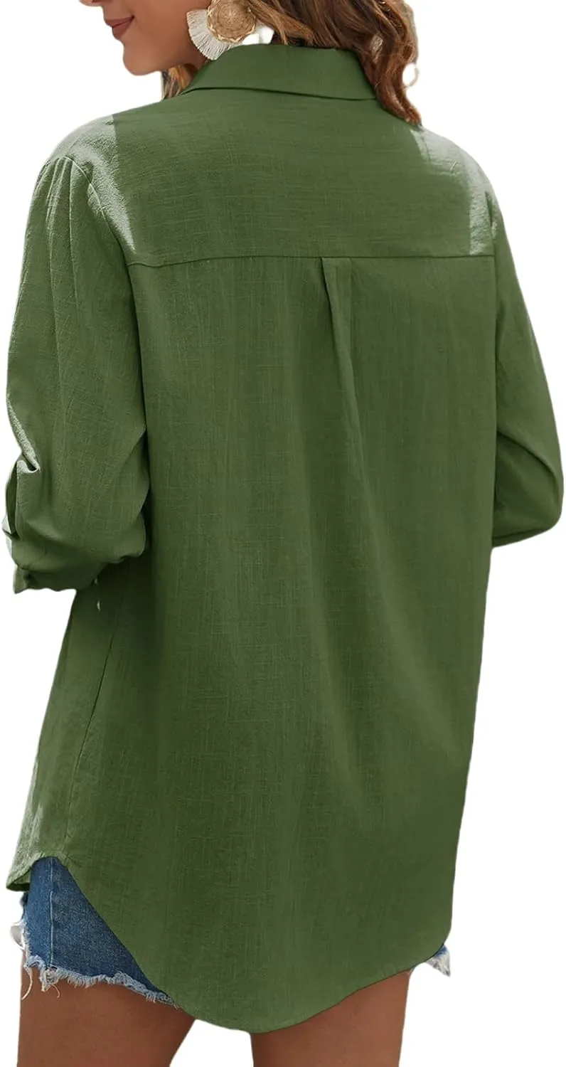 Womens Button Down Shirts Business Casual Collared Blouses Summer Long Sleeve Shirts Solid Loose Lightweight Gauze Tops