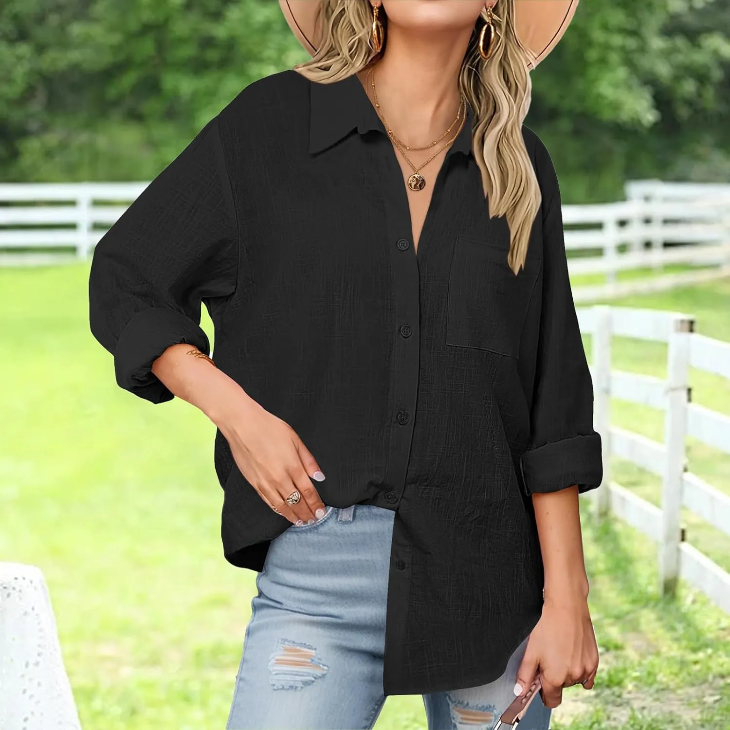 Womens Button Down Shirts Business Casual Collared Blouses Summer Long Sleeve Shirts Solid Loose Lightweight Gauze Tops