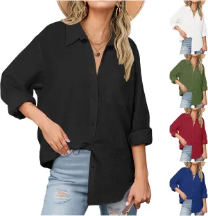Womens Button Down Shirts Business Casual Collared Blouses Summer Long Sleeve Shirts Solid Loose Lightweight Gauze Tops