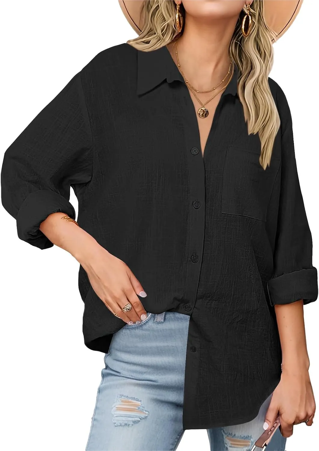 Womens Button Down Shirts Business Casual Collared Blouses Summer Long Sleeve Shirts Solid Loose Lightweight Gauze Tops
