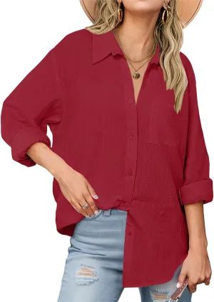 Womens Button Down Shirts Business Casual Collared Blouses Summer Long Sleeve Shirts Solid Loose Lightweight Gauze Tops
