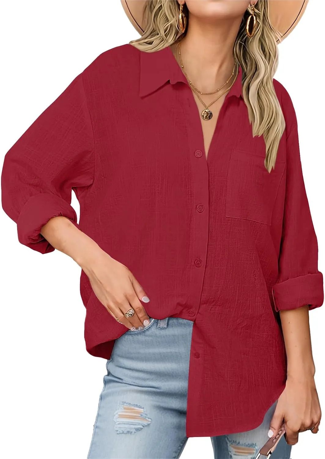 Womens Button Down Shirts Business Casual Collared Blouses Summer Long Sleeve Shirts Solid Loose Lightweight Gauze Tops