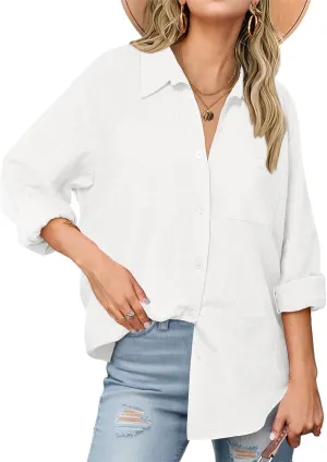 Womens Button Down Shirts Business Casual Collared Blouses Summer Long Sleeve Shirts Solid Loose Lightweight Gauze Tops