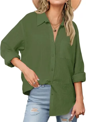 Womens Button Down Shirts Business Casual Collared Blouses Summer Long Sleeve Shirts Solid Loose Lightweight Gauze Tops