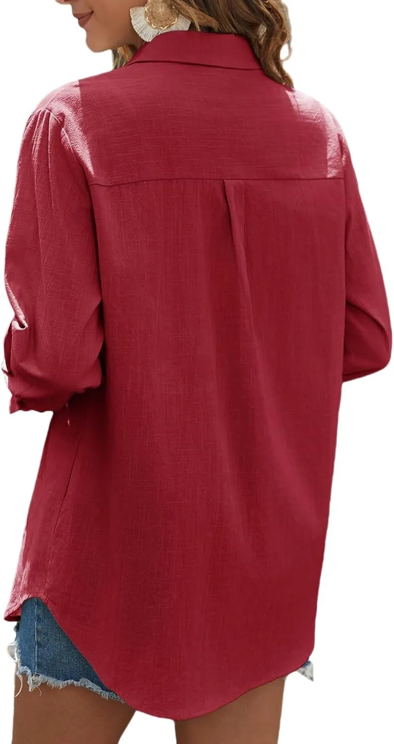 Womens Button Down Shirts Business Casual Collared Blouses Summer Long Sleeve Shirts Solid Loose Lightweight Gauze Tops