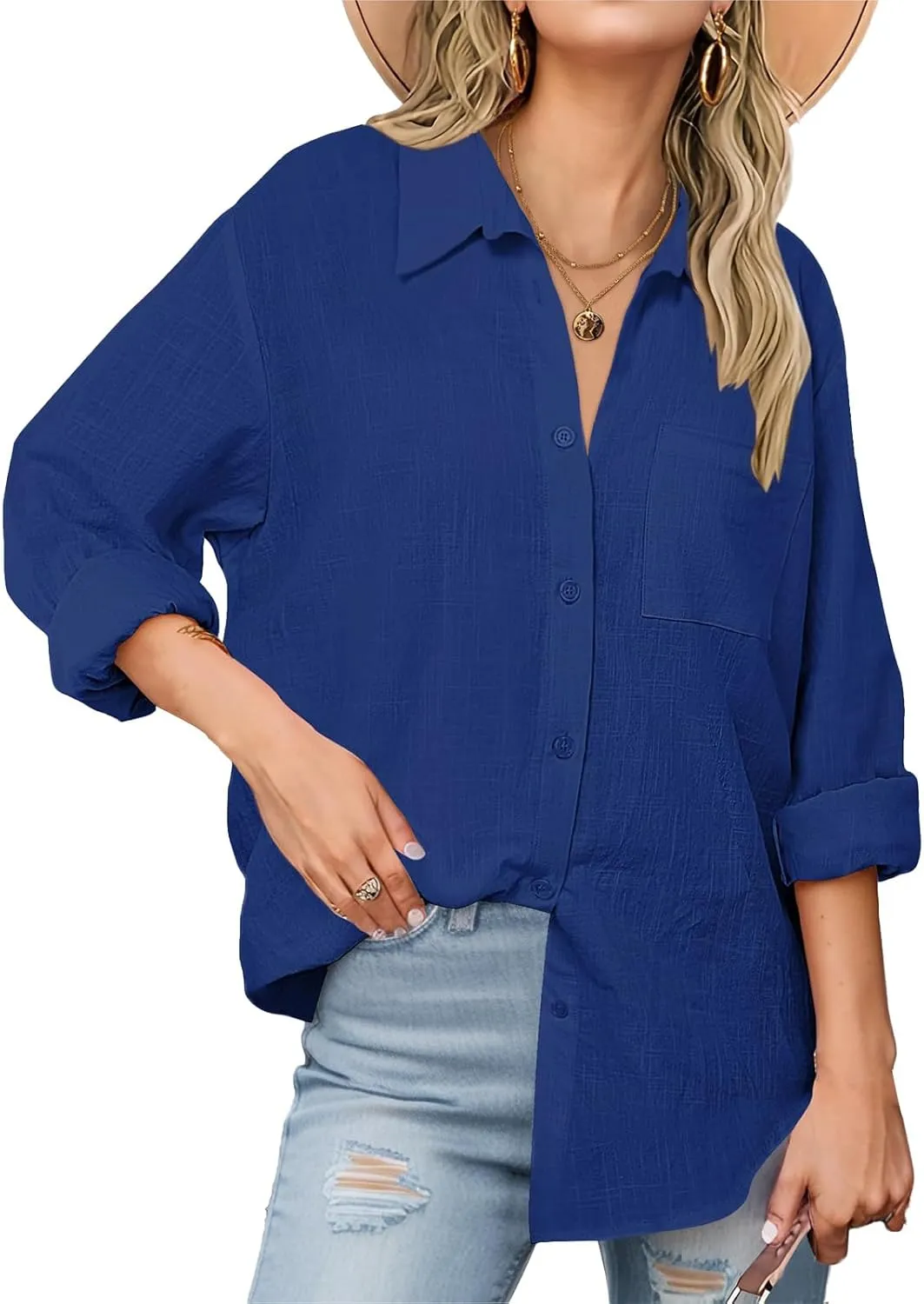 Womens Button Down Shirts Business Casual Collared Blouses Summer Long Sleeve Shirts Solid Loose Lightweight Gauze Tops