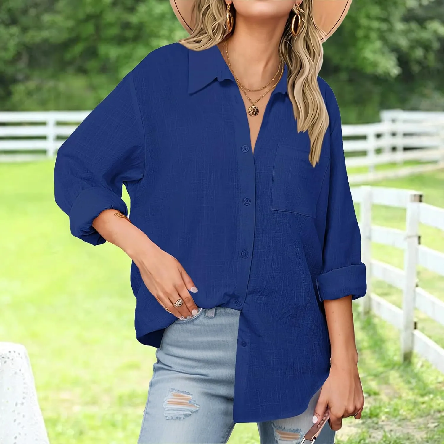Womens Button Down Shirts Business Casual Collared Blouses Summer Long Sleeve Shirts Solid Loose Lightweight Gauze Tops