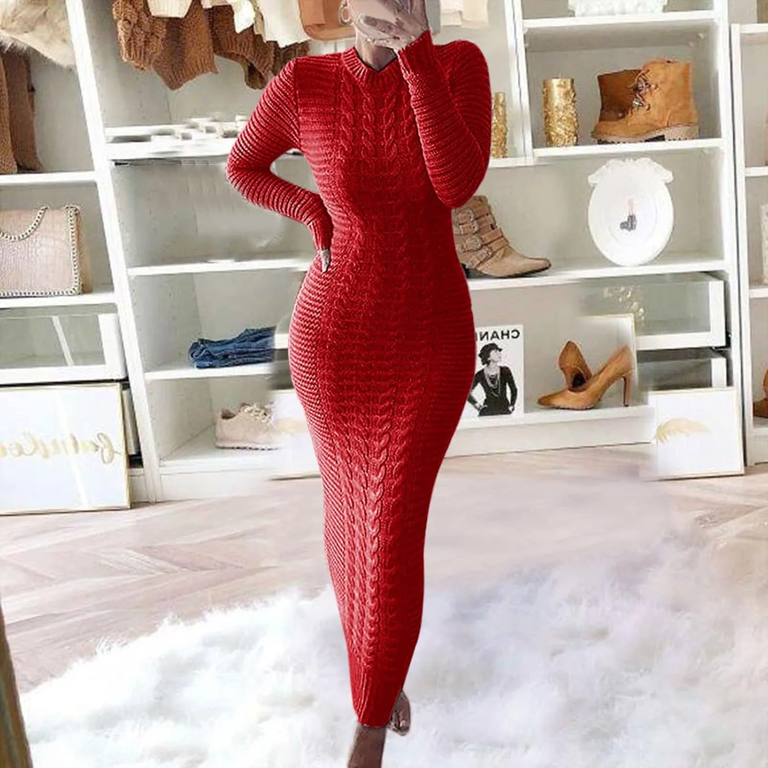 Women's Cable Knit Maxi Dress Warm Ankle Length Sweater Dress Winter Dress Stretch Slim Fit Long Sleeve O-Neck Dress
