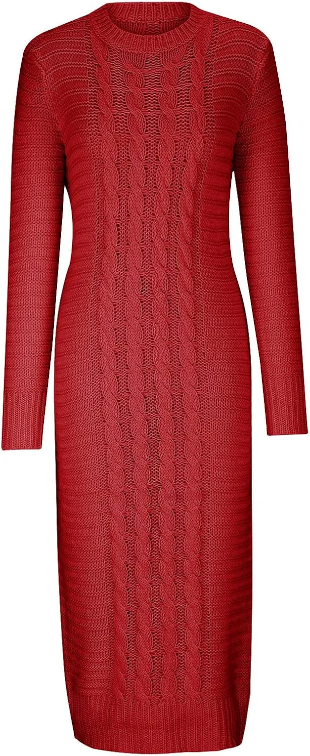 Women's Cable Knit Maxi Dress Warm Ankle Length Sweater Dress Winter Dress Stretch Slim Fit Long Sleeve O-Neck Dress