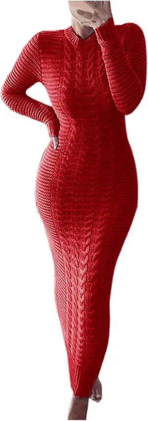 Women's Cable Knit Maxi Dress Warm Ankle Length Sweater Dress Winter Dress Stretch Slim Fit Long Sleeve O-Neck Dress