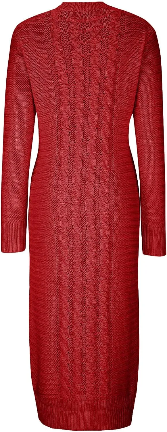 Women's Cable Knit Maxi Dress Warm Ankle Length Sweater Dress Winter Dress Stretch Slim Fit Long Sleeve O-Neck Dress