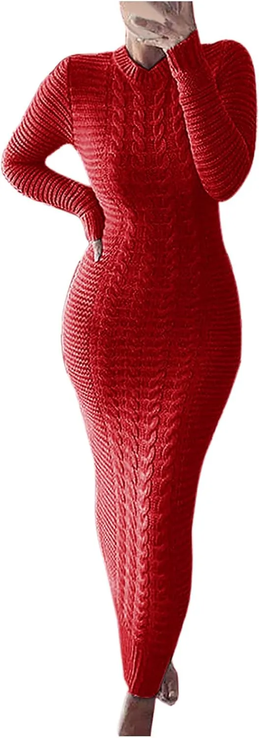 Women's Cable Knit Maxi Dress Warm Ankle Length Sweater Dress Winter Dress Stretch Slim Fit Long Sleeve O-Neck Dress