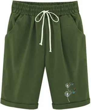 Womens Casual Long Shorts Below The Knee Drawstring Shorts Summer Elastic Waist Shorts Pocketed Pants Workout Shorts