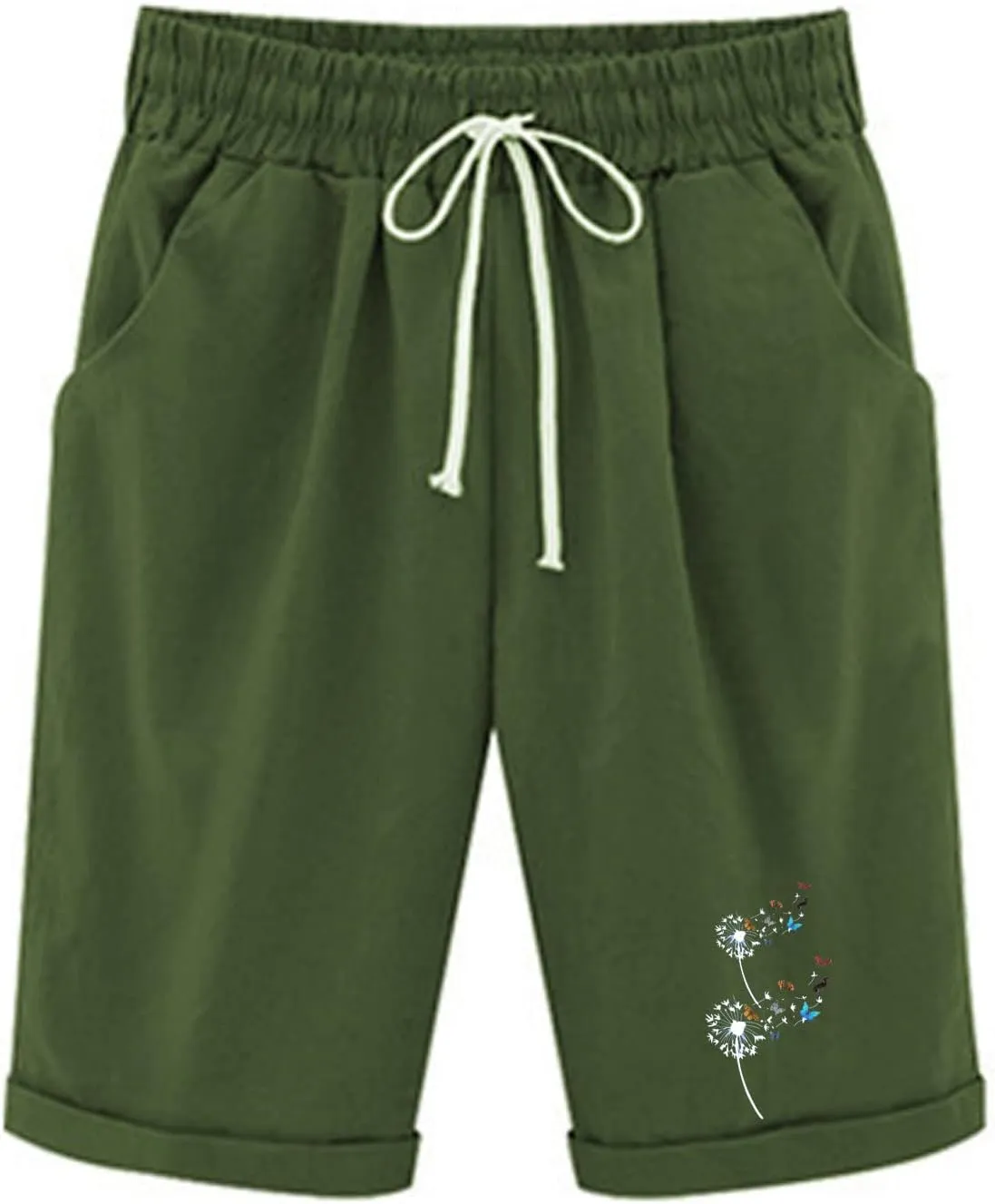 Womens Casual Long Shorts Below The Knee Drawstring Shorts Summer Elastic Waist Shorts Pocketed Pants Workout Shorts