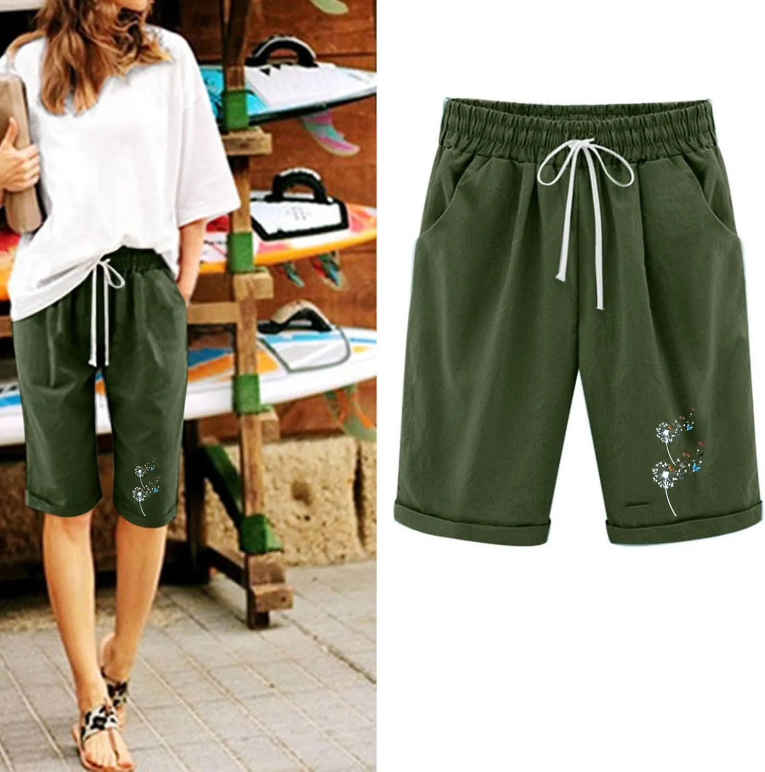 Womens Casual Long Shorts Below The Knee Drawstring Shorts Summer Elastic Waist Shorts Pocketed Pants Workout Shorts