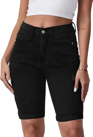 Women's Casual Straight Leg Long Denim Shorts Elastic Bermuda Jean Shorts