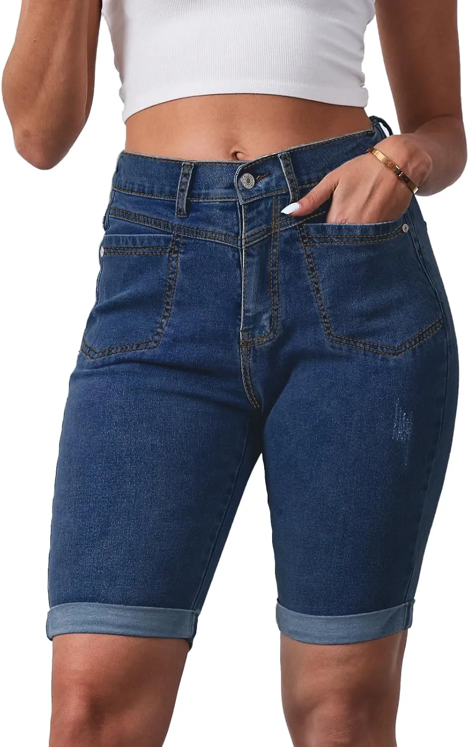 Women's Casual Straight Leg Long Denim Shorts Elastic Bermuda Jean Shorts