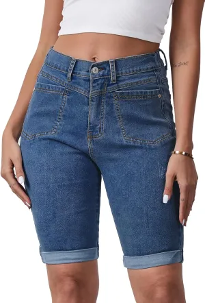 Women's Casual Straight Leg Long Denim Shorts Elastic Bermuda Jean Shorts