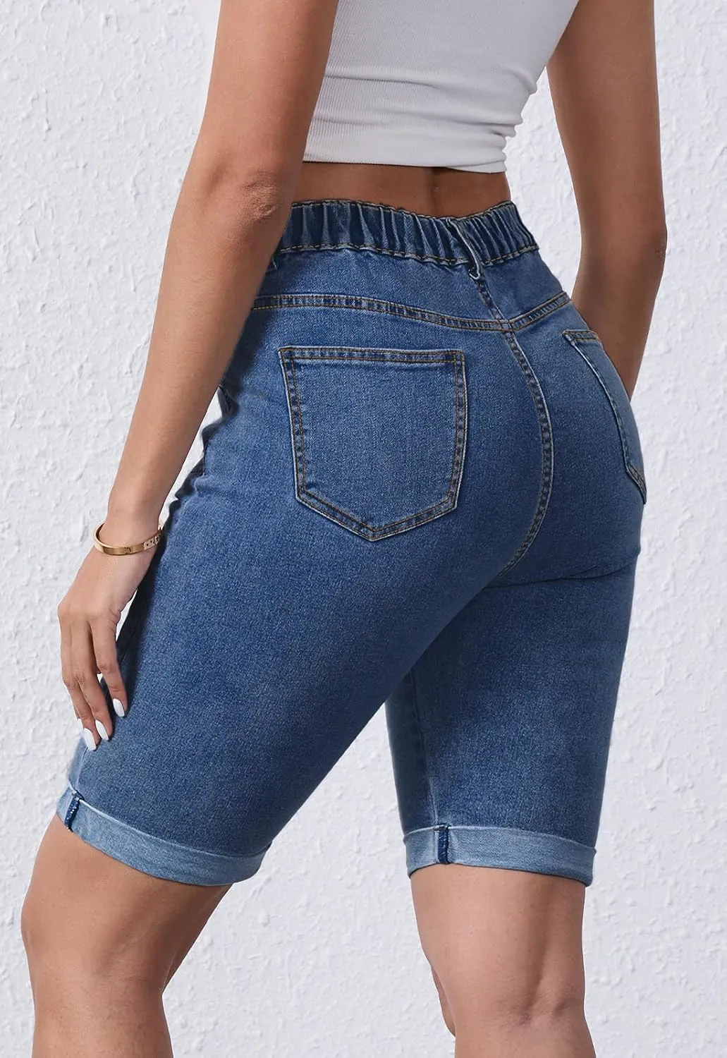 Women's Casual Straight Leg Long Denim Shorts Elastic Bermuda Jean Shorts