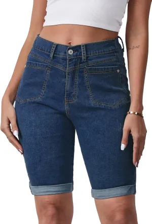 Women's Casual Straight Leg Long Denim Shorts Elastic Bermuda Jean Shorts