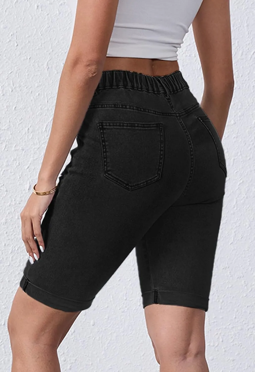 Women's Casual Straight Leg Long Denim Shorts Elastic Bermuda Jean Shorts
