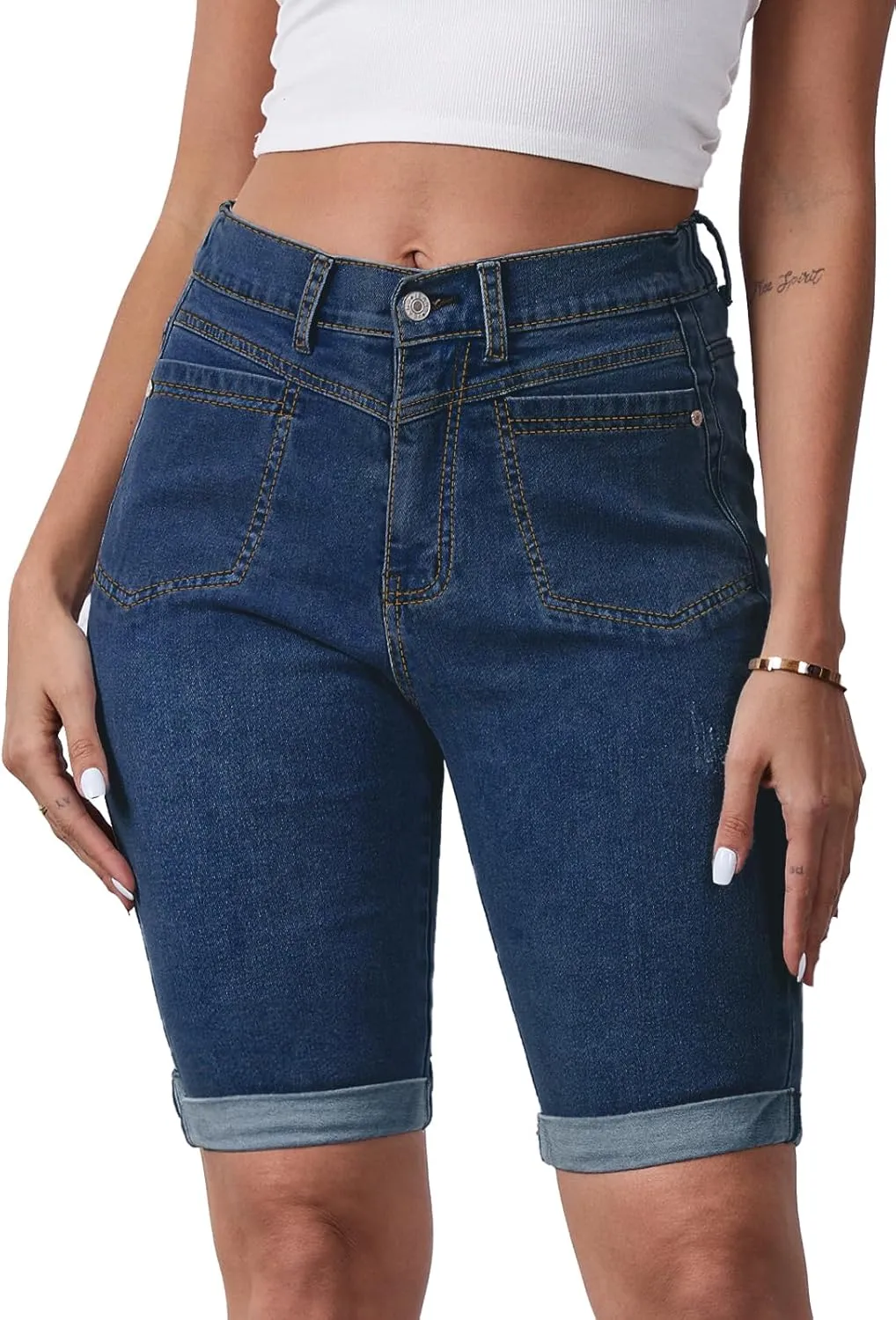Women's Casual Straight Leg Long Denim Shorts Elastic Bermuda Jean Shorts