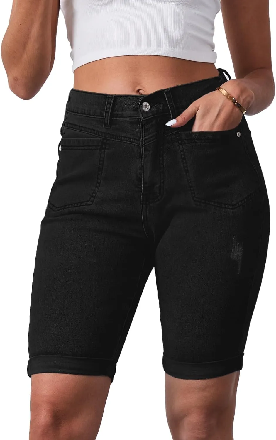 Women's Casual Straight Leg Long Denim Shorts Elastic Bermuda Jean Shorts