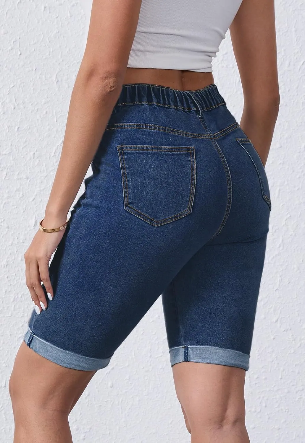 Women's Casual Straight Leg Long Denim Shorts Elastic Bermuda Jean Shorts