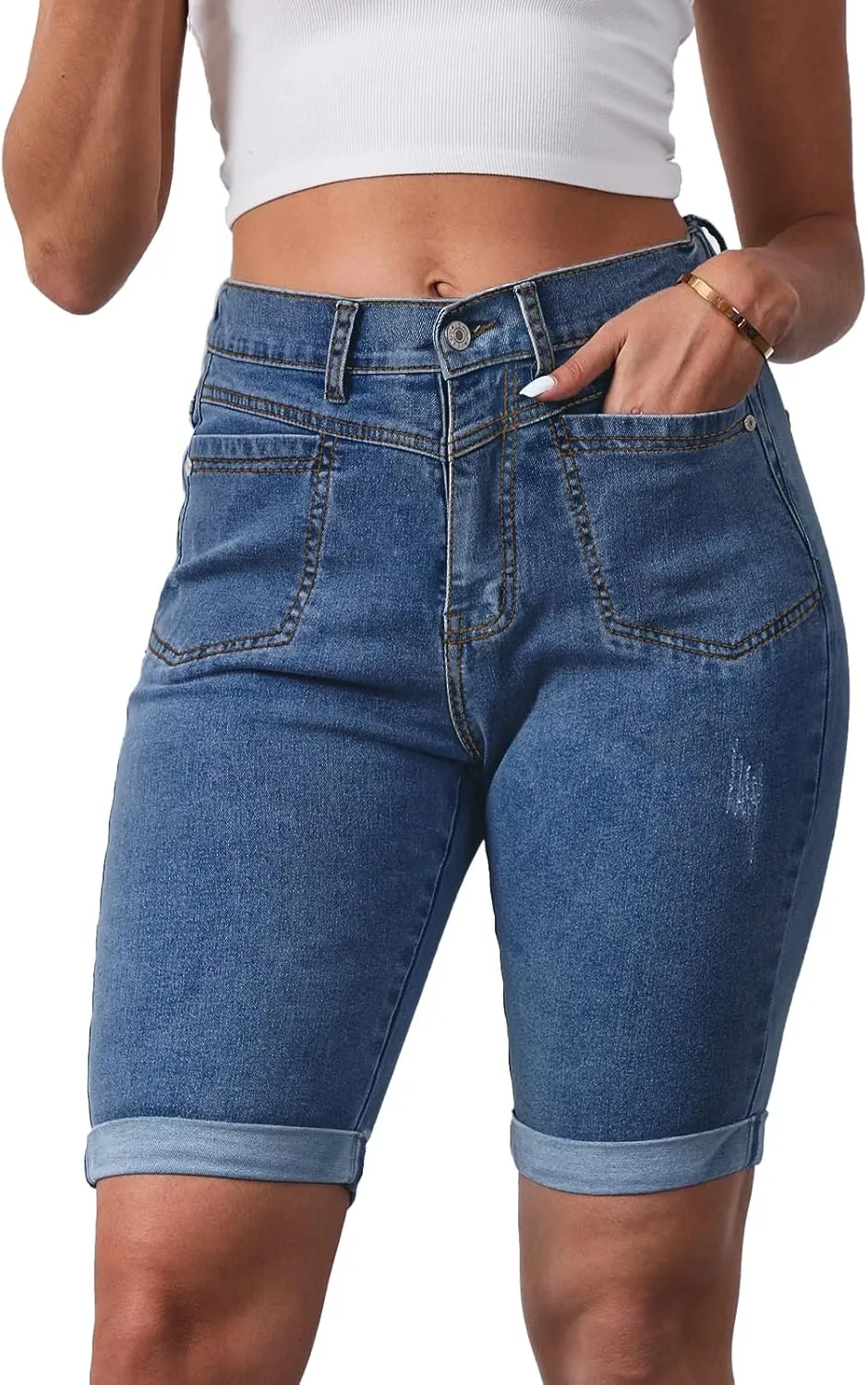 Women's Casual Straight Leg Long Denim Shorts Elastic Bermuda Jean Shorts