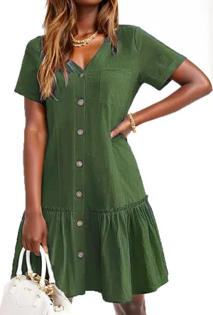 Women's Casual Summer Cotton Linen Dress Button Down V Neck Short Sleeve Loose Tshirt Midi Dresses Ruffle Hem Beach